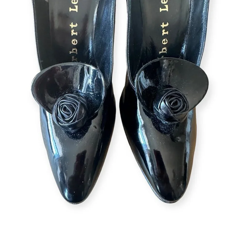 Vintage Herbert Levine Black Patent Pumps Rosette Detail 1950s -1960s Size 6 AAA
